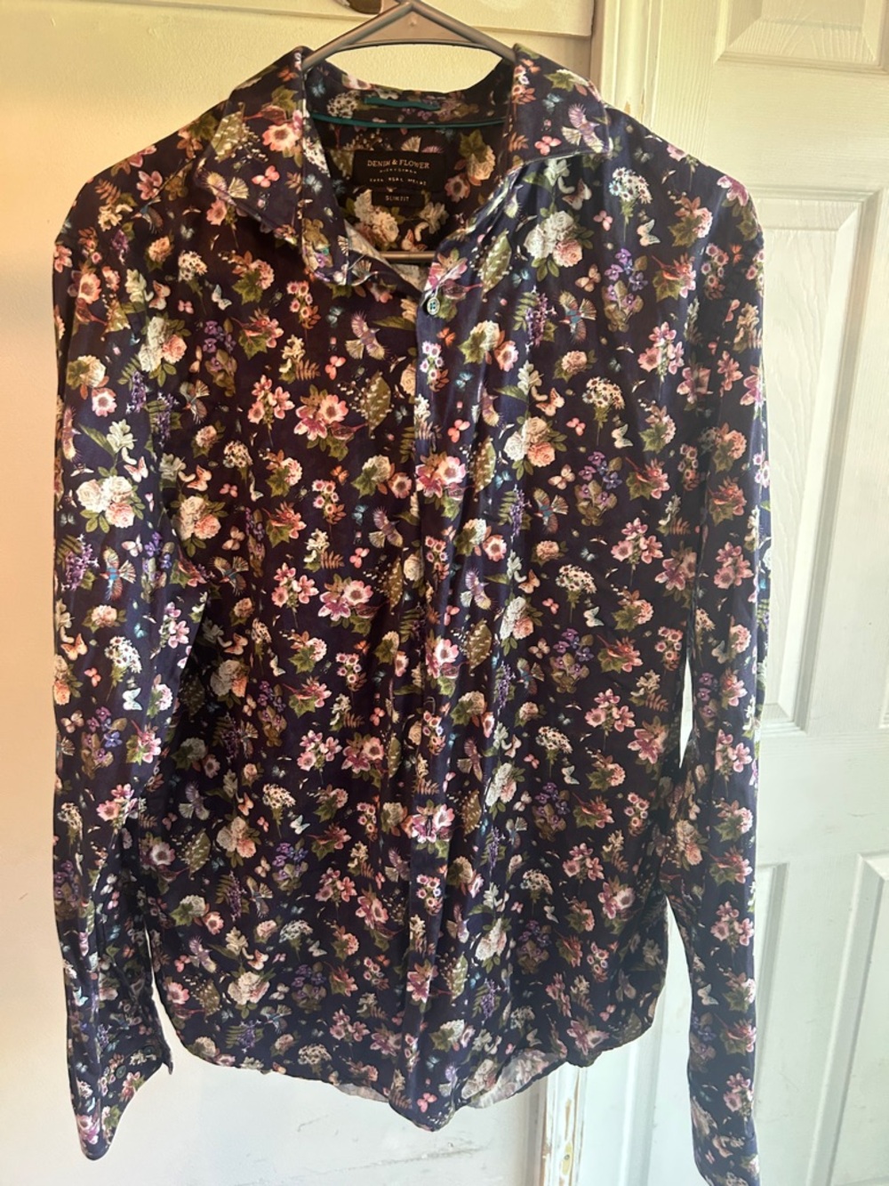 Black Floral Button-Up Shirt with Pink, Purple & Green Motifs